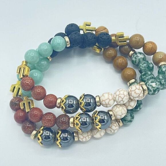 Desert cowgirl 2 beaded stretch bracelet ONE NEW sandstone hematite lava Amazoni - Picture 4 of 8